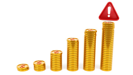 3D rendering of a stack of golden coins with an exclamation mark on white  background, Problem, warning, alert, finance and investment concept