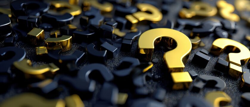 The Question Mark Symbols in Metallic Gold and Black Abstract Puzzle Background - Powered by Adobe