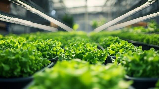 Rows of hydroponic lettuce plants in a modern greenhouse with LED lighting, sustainable farming, agriculture innovation, healthy nutrition, food production, green technology and future agriculture.