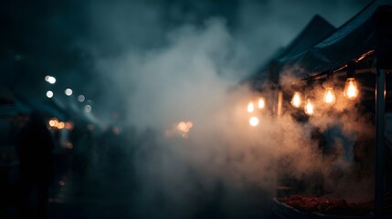 Atmospheric night market scene with glowing bulbs and rising steam at food stalls