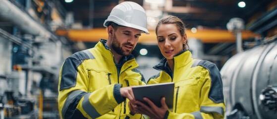 The Engineers Reviewing Digital Schematics on a Tablet in a Modern Factory