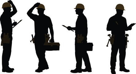 Construction worker silhouette vector illustration, men wearing helmets holding clipboard and toolbox, professional labor, engineering, maintenance, repair