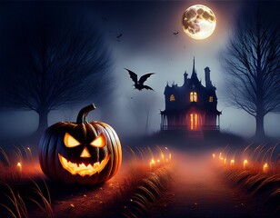 AI Generative Spooky Halloween scene with a glowing pumpkin and haunted house under a full moon.