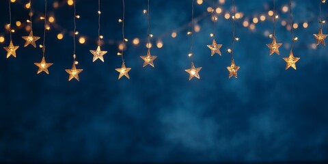 Blue festive background with hanging golden star lights and space for text in the center