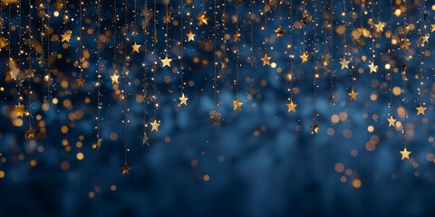Blue festive background with hanging golden star lights and space for text in the center