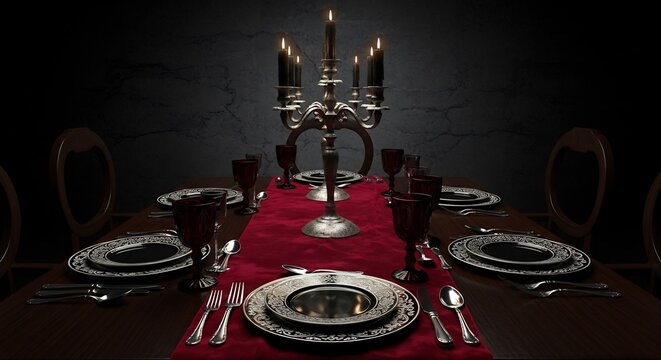 Elegant table setting for Halloween, Thanksgiving, or a gothic event. Dramatic decor with candelabra, dark tableware, and rich colors. Ideal for luxury themes. 
