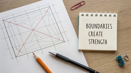 Creative workspace layout with notepad, pen, and design sketch illustrating concept of boundaries and strength in design