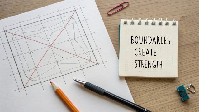 Creative workspace layout with notepad, pen, and design sketch illustrating concept of boundaries and strength in design