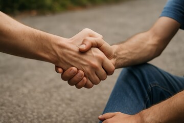 Two hands meet in a firm handshake, symbolizing agreement and partnership. This close-up captures a moment of connection between people.