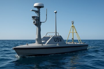 An Unmanned Surface Vehicle (USV) autonomously navigates the calm blue ocean. This advanced marine drone showcases modern naval technology and maritime capabilities.