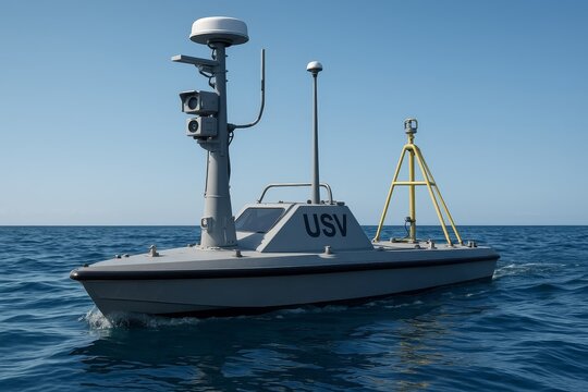 An Unmanned Surface Vehicle (USV) autonomously navigates the calm blue ocean. This advanced marine drone showcases modern naval technology and maritime capabilities.