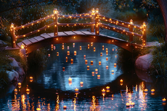 Magical bridge adorned with glowing lights over a serene stream with floating lanterns at dusk