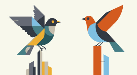 Fototapeta premium Two colorful geometric birds perched on abstract structures.