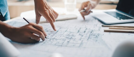 The Blueprint Collaboration Hands Sketching Architectural Plans Over Table With Laptop