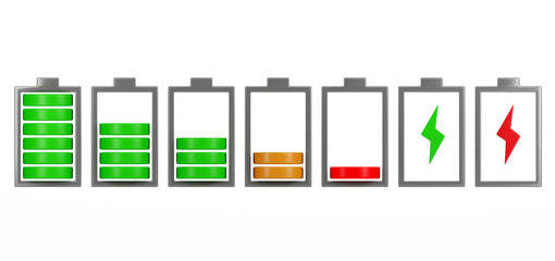 Discharged and various level energy batteries infographic set on white background, 3d illustration