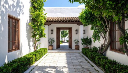 Exterior View of a Spanish Colonial Style House with White Stucco Walls Courtyard Lush Greenery and Stone Pavers in Warm Daylight Style Photography