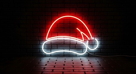 Neon santa hat on a brick wall background