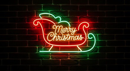 Merry christmas neon sign on brick wall dark