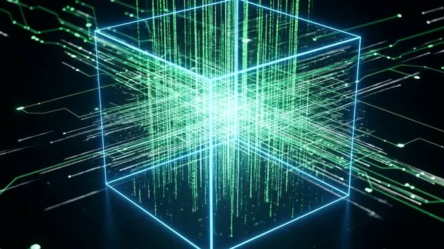 Abstract 3D rendering of glowing neon cube with data streams and circuit patterns