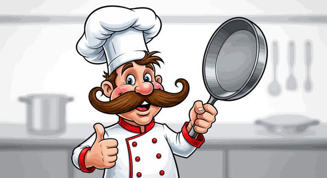 Cheerful cartoon chef with a huge mustache gives a thumbs up while holding a frying pan in a bright kitchen, perfect for culinary advertising