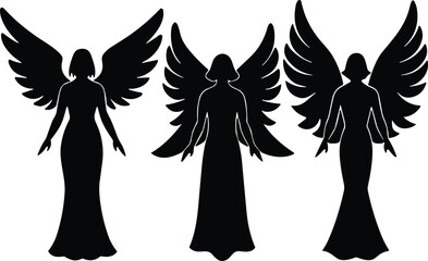 Set of three black silhouettes of angelic women with wings and dresses, ideal for spiritual, fantasy, or design themes