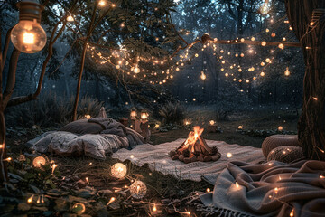 Magical forest campsite illuminated by glowing fairy lights and a warm campfire
