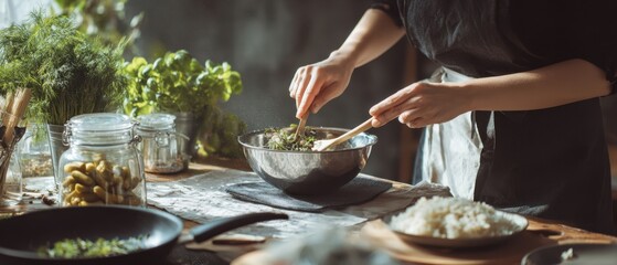 The Salad Being Mixed in a Rustic Kitchen by Hands Over Wooden Countertop