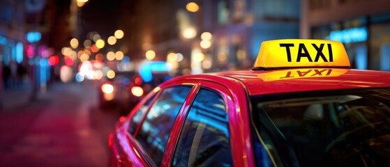 The Taxi under Neon Lights on a Busy Downtown Street with Blurred Bokeh