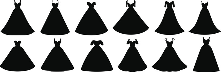 Set of twelve black dress silhouettes with varied neckline and sleeve designs, ideal for fashion, costume, or design themes