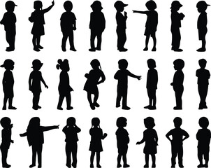 Set of twenty-four black silhouettes of children in diverse standing and gesturing poses, ideal for education, design, and analysis