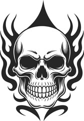 Skull illustration with flames, spade symbol above, gothic tattoo style, black and white design, edgy artwork, horror themed graphic