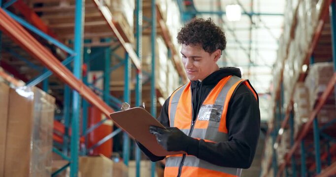 Logistics, man or writing on clipboard in warehouse for stock inspection, order picking or shipping. Supply chain, picker or happy with checklist for inventory management, quality control or delivery