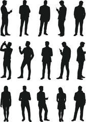 Silhouettes of diverse individuals standing and interacting with mobile devices, ideal for technology, lifestyle, and communication-themed vector designs
