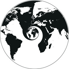 Spiral distortion world map centered on Africa in black and white, abstract global design for creative, editorial, and conceptual use