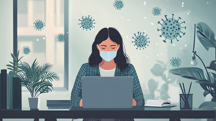 A woman works from her home office during quarantine, focusing on remote tasks to stay productive.