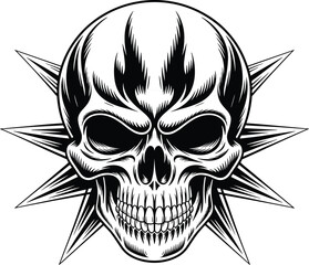Stylized skull with spikes silhouette, black and white horror design, edgy graphic art, rebellion symbol, gothic tattoo illustration
