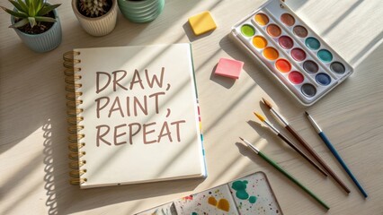 Creative workspace featuring art supplies with a sketchbook that encourages the process of drawing and painting
