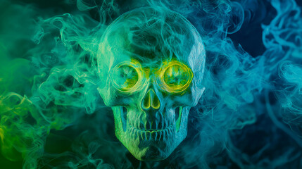 Glowing skull in colorful swirling smoke