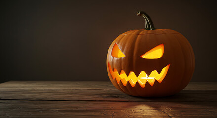 Halloween jackolantern with glowing face on wood surface and copyspace, spooky pumpkin decor with dark background halloween, seasonal flatlay for celebration
