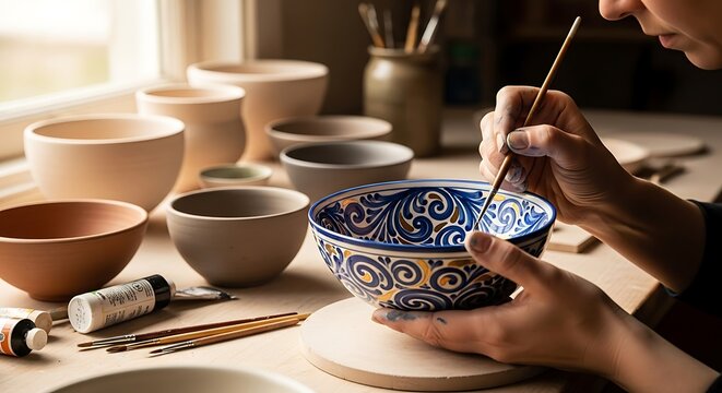 Womans Hands Decorating a Ceramic Bowl with Intricate Blue and White Patterns. - Powered by Adobe