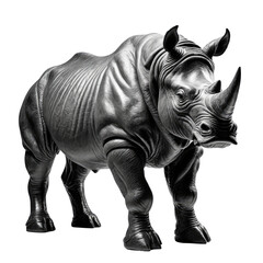 Sculpted rhino in grayscale stands strong against a dark background