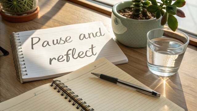 Tranquil workspace with notepad, pen, glass of water, and succulent plant, encouraging mindfulness and reflection