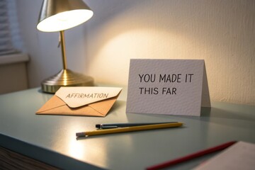 Inspirational Affirmation Card on a Desk with a Lamp and Writing Tools in Soft Natural Light