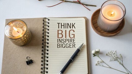 Inspirational Notebook with Quote, Candles, and Decorative Elements for Creative Work and Motivation