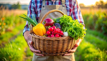 Farmer holds a basket filled with fresh vegetables in a lush green field at sunset, showcasing the bounty of the harvest and the beauty of rural life.