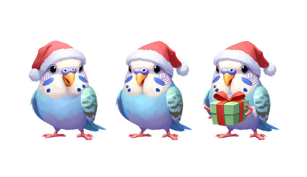 three vector illustrations of three cute budgie parakeets wearing santa claus hats and holding christmas gift boxes, set against a Transparent background PNG