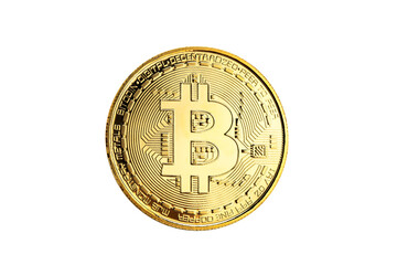 Golden bitcoin on white background, modern digital crypto currency on cyber world, online business and exchange for cash, Business and finacial concept
