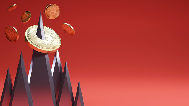 3D rendering of bitcoin falling into the red abyss, The collapse of the price of BTC symbol