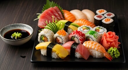 Delicious assorted sushi platter featuring vibrant tuna, salmon, and shrimp nigiri ready for a modern Japanese culinary experience at dinner
