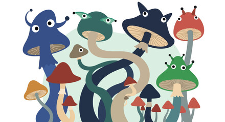 Whimsical collection of colorful cartoon mushroom characters with eyes.